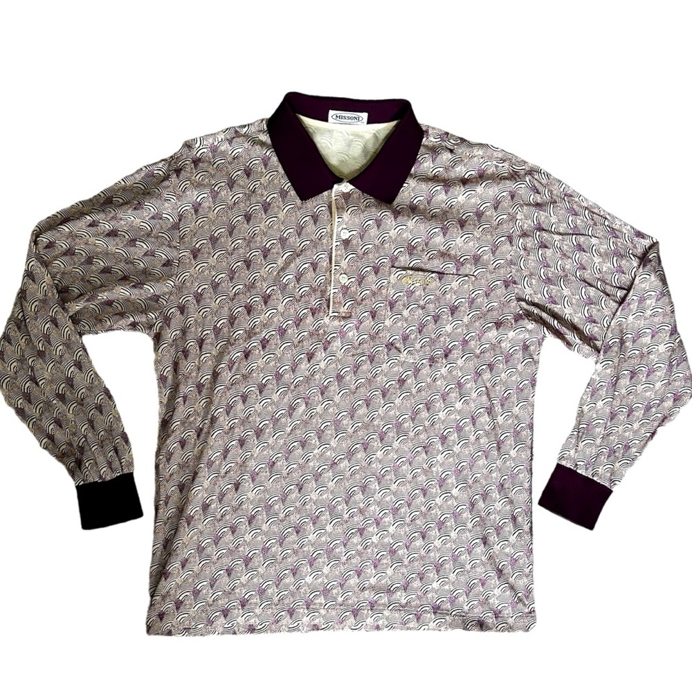 Missoni Vintage 100% Cotton Cream and Purple Wave Print Long Sleeve Polo Shirt